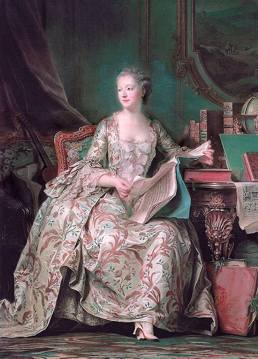 A portrait of Madame de Pompadour by Maurice Quentin de la Tour; note the green-and-pink color scheme and the ornamented furniture.
